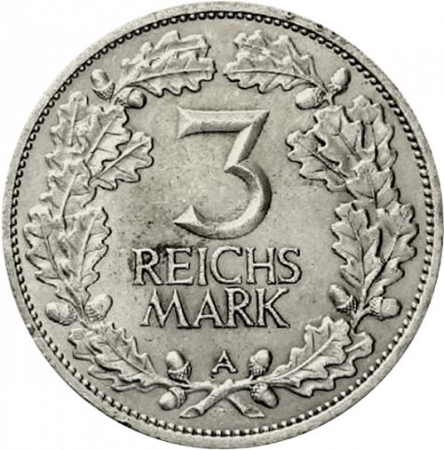3 Reichsmark Reverse Image minted in GERMANY in 1925A (1924-38 - Weimar Republic - Reichsmark)  - The Coin Database