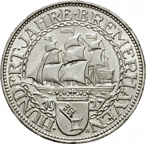 3 Reichsmark Reverse Image minted in GERMANY in 1927A (1924-38 - Weimar Republic - Reichsmark)  - The Coin Database