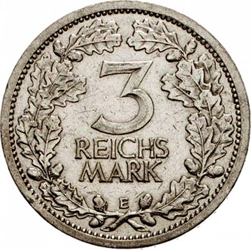 3 Reichsmark Reverse Image minted in GERMANY in 1931E (1924-38 - Weimar Republic - Reichsmark)  - The Coin Database