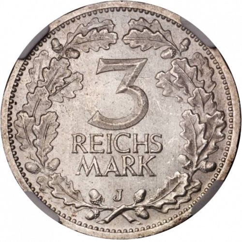 3 Reichsmark Reverse Image minted in GERMANY in 1931J (1924-38 - Weimar Republic - Reichsmark)  - The Coin Database