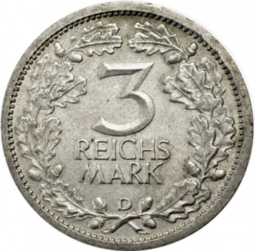 3 Reichsmark Reverse Image minted in GERMANY in 1932D (1924-38 - Weimar Republic - Reichsmark)  - The Coin Database