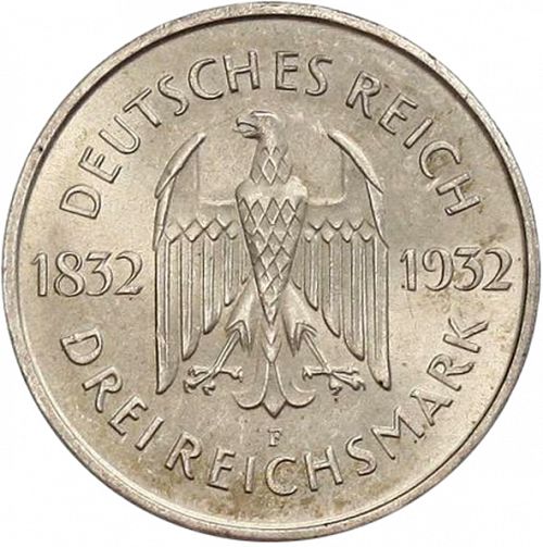3 Reichsmark Reverse Image minted in GERMANY in 1932F (1924-38 - Weimar Republic - Reichsmark)  - The Coin Database