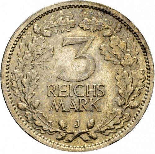 3 Reichsmark Reverse Image minted in GERMANY in 1932J (1924-38 - Weimar Republic - Reichsmark)  - The Coin Database