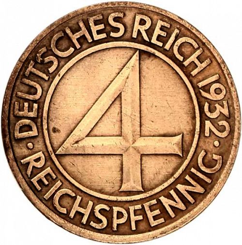 4 Pfenning Obverse Image minted in GERMANY in 1932A (1924-38 - Weimar Republic - Reichsmark)  - The Coin Database