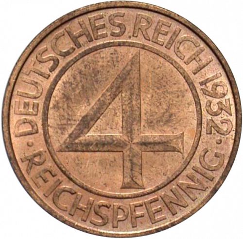 4 Pfenning Obverse Image minted in GERMANY in 1932D (1924-38 - Weimar Republic - Reichsmark)  - The Coin Database