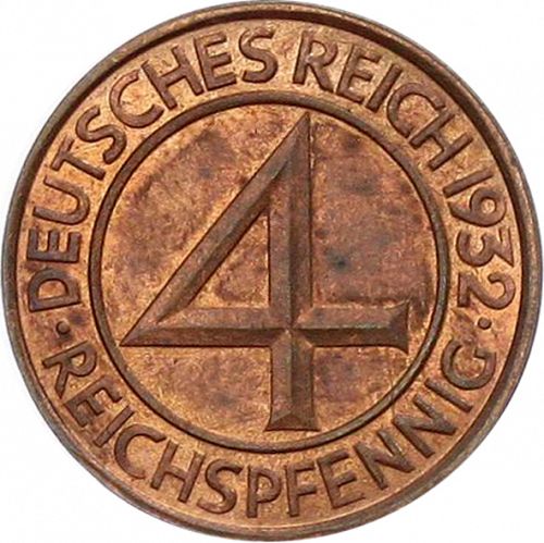 4 Pfenning Obverse Image minted in GERMANY in 1932G (1924-38 - Weimar Republic - Reichsmark)  - The Coin Database