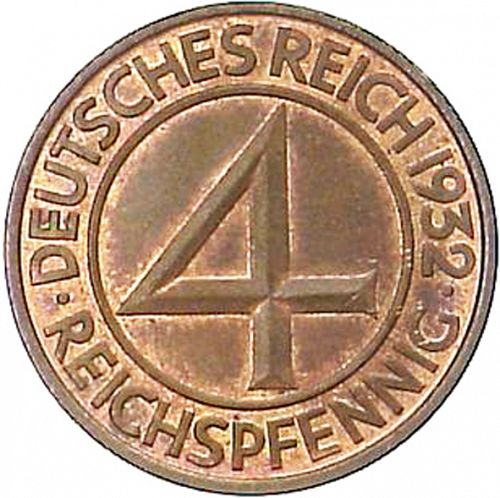 4 Pfenning Obverse Image minted in GERMANY in 1932J (1924-38 - Weimar Republic - Reichsmark)  - The Coin Database