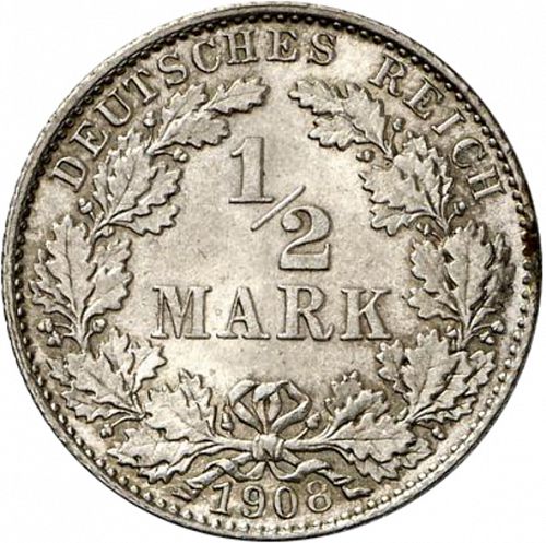 half Mark Obverse Image minted in GERMANY in 1908D (1871-18 - Empire)  - The Coin Database