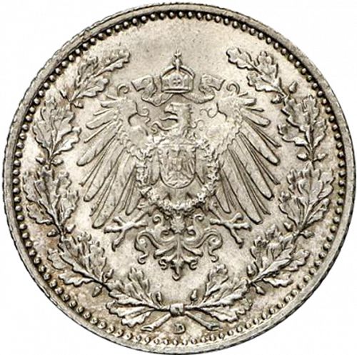 half Mark Reverse Image minted in GERMANY in 1908D (1871-18 - Empire)  - The Coin Database