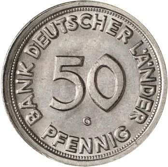 50 Pfennig Obverse Image minted in GERMANY in 1949G (1949-01 - Federal Republic)  - The Coin Database