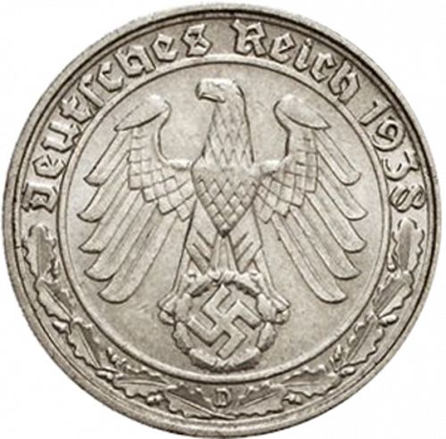 50 Reichspfenning Obverse Image minted in GERMANY in 1938D (1933-45 - Thrid Reich)  - The Coin Database