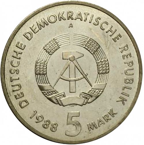 5 Mark Obverse Image minted in GERMANY in 1988A (1949-90 - Democratic Republic)  - The Coin Database