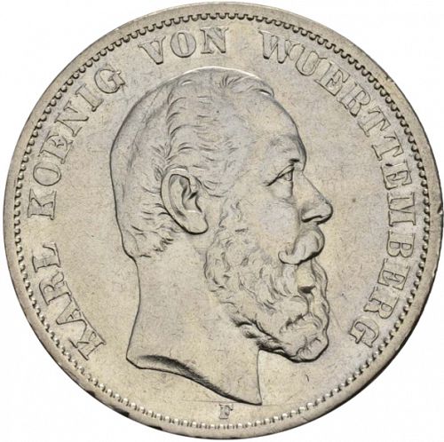 5 Mark Obverse Image minted in GERMANY in 1875F (1871-18 - Empire WURTTEMBERG)  - The Coin Database
