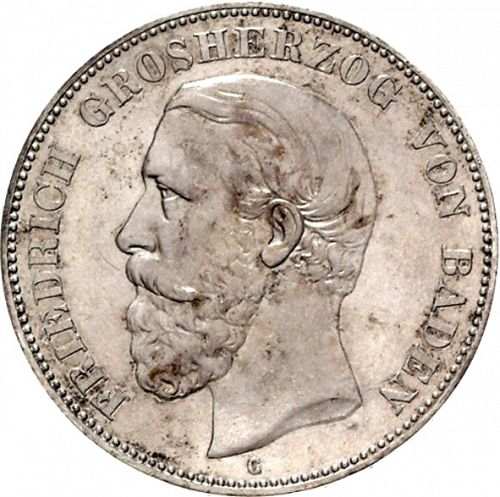 5 Mark Obverse Image minted in GERMANY in 1876G (1871-18 - Empire BADEN)  - The Coin Database