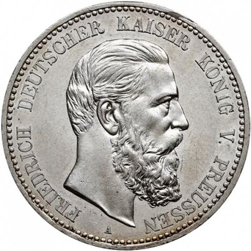 5 Mark Obverse Image minted in GERMANY in 1888A (1871-18 - Empire PRUSSIA)  - The Coin Database