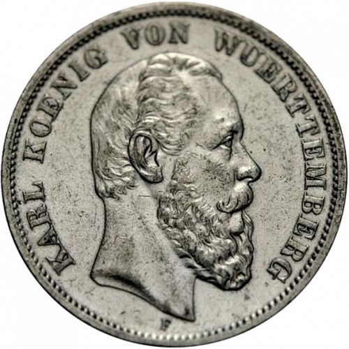5 Mark Obverse Image minted in GERMANY in 1888F (1871-18 - Empire WURTTEMBERG)  - The Coin Database