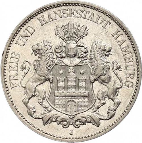 5 Mark Obverse Image minted in GERMANY in 1888J (1871-18 - Empire HAMBURG)  - The Coin Database