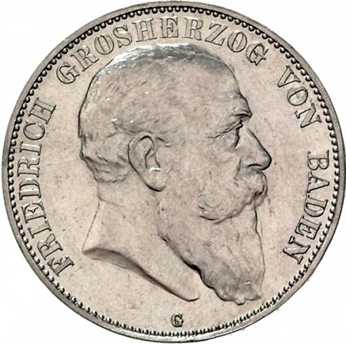 5 Mark Obverse Image minted in GERMANY in 1904G (1871-18 - Empire BADEN)  - The Coin Database