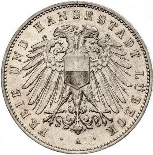 5 Mark Obverse Image minted in GERMANY in 1908A (1871-18 - Empire LUBECK)  - The Coin Database