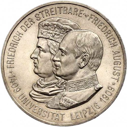 5 Mark Obverse Image minted in GERMANY in 1909 (1871-18 - Empire SAXONY-ALBERTINE)  - The Coin Database