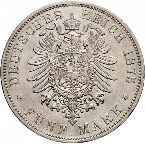 5 Mark Reverse Image minted in GERMANY in 1875J (1871-18 - Empire HAMBURG)  - The Coin Database