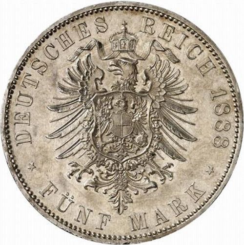 5 Mark Reverse Image minted in GERMANY in 1888A (1871-18 - Empire HESSE-DARMSTATDT)  - The Coin Database