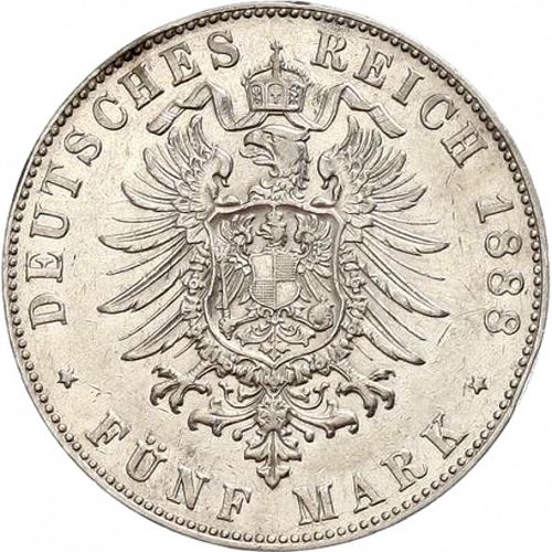 5 Mark Reverse Image minted in GERMANY in 1888J (1871-18 - Empire HAMBURG)  - The Coin Database