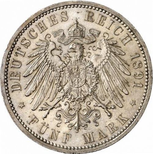 5 Mark Reverse Image minted in GERMANY in 1891A (1871-18 - Empire HESSE-DARMSTATDT)  - The Coin Database