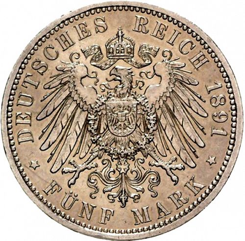5 Mark Reverse Image minted in GERMANY in 1891A (1871-18 - Empire PRUSSIA)  - The Coin Database