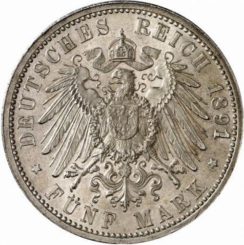 5 Mark Reverse Image minted in GERMANY in 1891G (1871-18 - Empire BADEN)  - The Coin Database