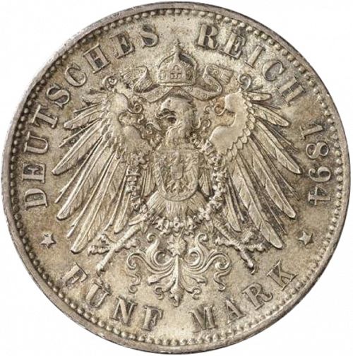5 Mark Reverse Image minted in GERMANY in 1894D (1871-18 - Empire BAVARIA)  - The Coin Database