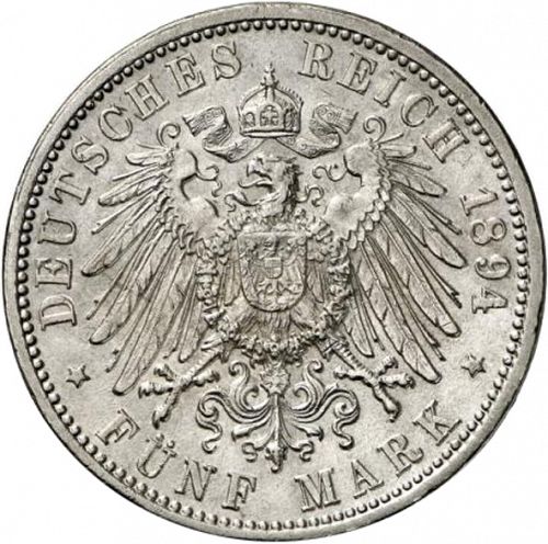 5 Mark Reverse Image minted in GERMANY in 1894G (1871-18 - Empire BADEN)  - The Coin Database