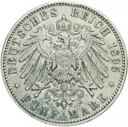 5 Mark Reverse Image minted in GERMANY in 1895E (1871-18 - Empire SAXONY-ALBERTINE)  - The Coin Database