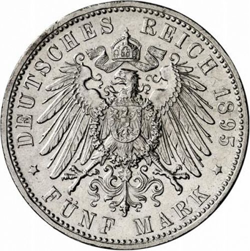 5 Mark Reverse Image minted in GERMANY in 1895J (1871-18 - Empire HAMBURG)  - The Coin Database