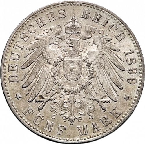 5 Mark Reverse Image minted in GERMANY in 1899J (1871-18 - Empire HAMBURG)  - The Coin Database