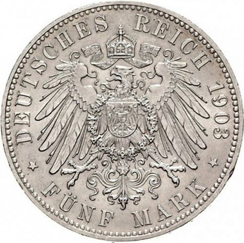 5 Mark Reverse Image minted in GERMANY in 1903E (1871-18 - Empire SAXONY-ALBERTINE)  - The Coin Database