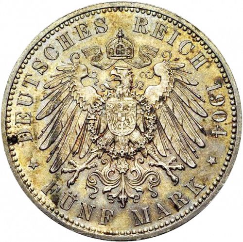 5 Mark Reverse Image minted in GERMANY in 1904E (1871-18 - Empire SAXONY-ALBERTINE)  - The Coin Database