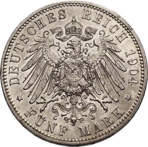 5 Mark Reverse Image minted in GERMANY in 1904E (1871-18 - Empire SAXONY-ALBERTINE)  - The Coin Database