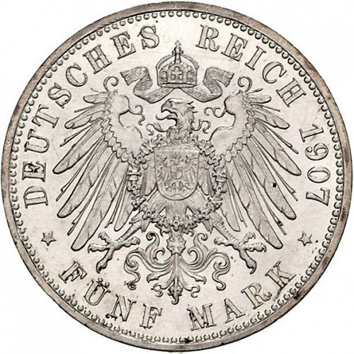 5 Mark Reverse Image minted in GERMANY in 1907A (1871-18 - Empire LUBECK)  - The Coin Database