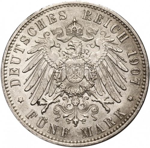 5 Mark Reverse Image minted in GERMANY in 1907E (1871-18 - Empire SAXONY-ALBERTINE)  - The Coin Database