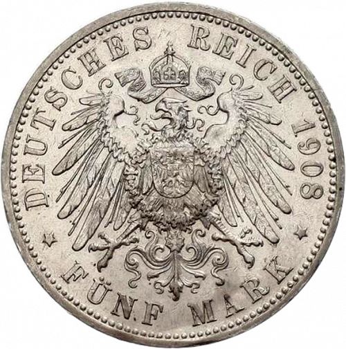 5 Mark Reverse Image minted in GERMANY in 1908A (1871-18 - Empire PRUSSIA)  - The Coin Database