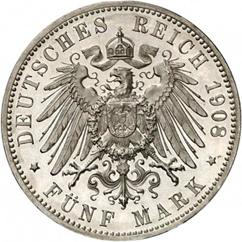 5 Mark Reverse Image minted in GERMANY in 1908F (1871-18 - Empire WURTTEMBERG)  - The Coin Database