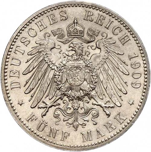 5 Mark Reverse Image minted in GERMANY in 1909 (1871-18 - Empire SAXONY-ALBERTINE)  - The Coin Database