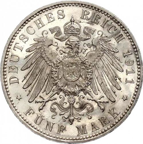 5 Mark Reverse Image minted in GERMANY in 1911D (1871-18 - Empire BAVARIA)  - The Coin Database