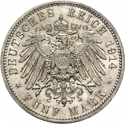 5 Mark Reverse Image minted in GERMANY in 1914A (1871-18 - Empire ANHALT-DESSAU)  - The Coin Database