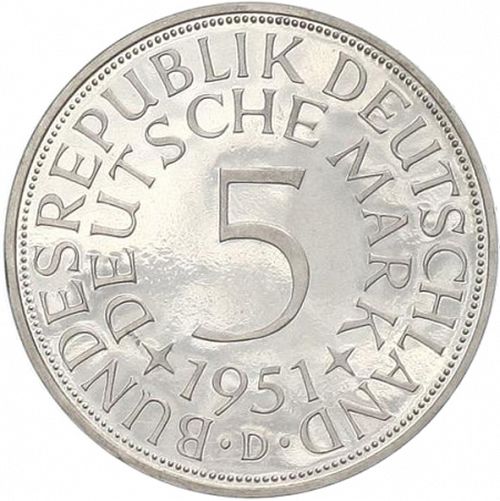 5 Mark Obverse Image minted in GERMANY in 1951D (1949-01 - Federal Republic)  - The Coin Database