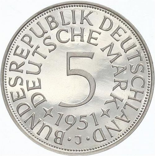5 Mark Obverse Image minted in GERMANY in 1951J (1949-01 - Federal Republic)  - The Coin Database