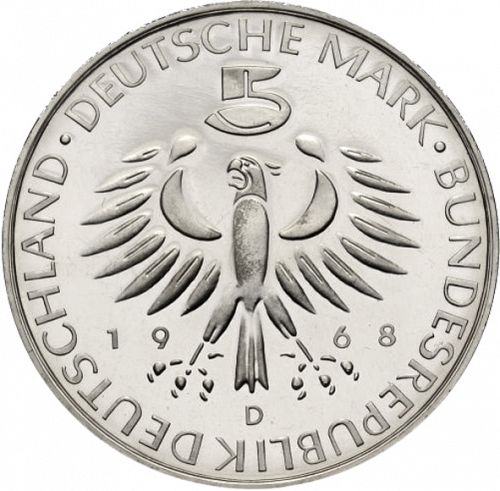 5 Mark Obverse Image minted in GERMANY in 1968D (1949-01 - Federal Republic - Commemorative)  - The Coin Database