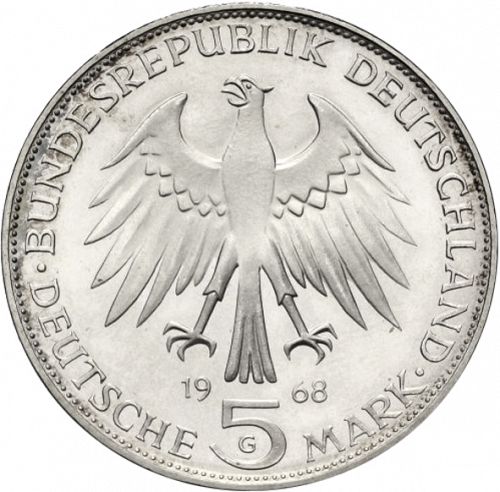 5 Mark Obverse Image minted in GERMANY in 1968G (1949-01 - Federal Republic - Commemorative)  - The Coin Database