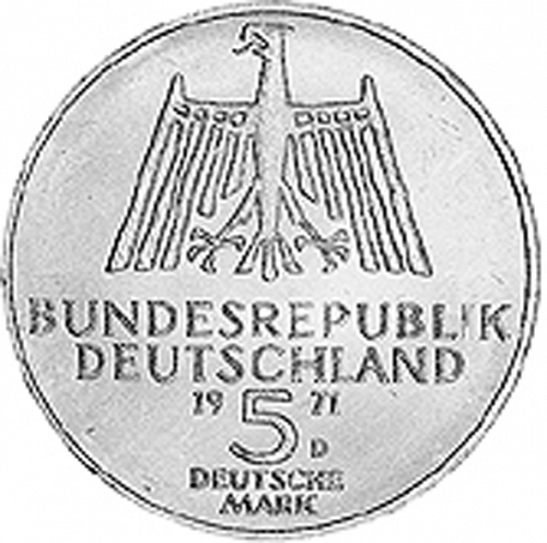 5 Mark Obverse Image minted in GERMANY in 1971D (1949-01 - Federal Republic - Commemorative)  - The Coin Database